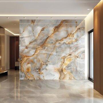 A luxurious interior space featuring a stunning marble wall with white and orange hues, complemented by light-colored tiles, recessed lighting, and a wooden-framed window with sheer curtains.