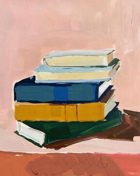 An abstract still life painting of a book stack, rendered in thick, textured colors, with a soft pink background.