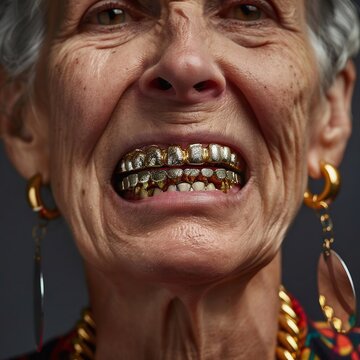 An older woman with gold teeth, gray hair, and brown eyes wears large gold earrings against a neutral gray background.
