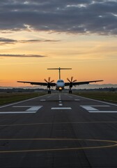 Naklejka premium Sunrise Runway: Twin Propeller Plane Landing, Serene Sunset