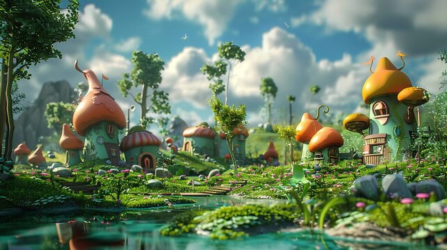 A whimsical 3D cartoon landscape featuring colorful houses with mushroom-like roofs, nestled among lush greenery, with a winding path and birds soaring in a serene, idyllic setting.