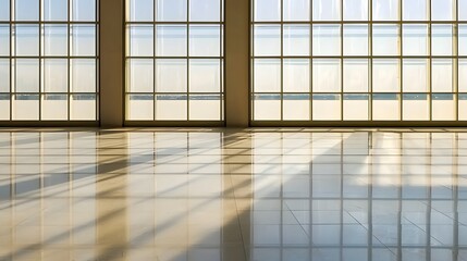 Bright Modern Space with Large Windows and Reflective Floor in Natural Light Setting