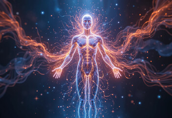 “Translucent Human with Glowing Energy Streams and Vibrant Aura”