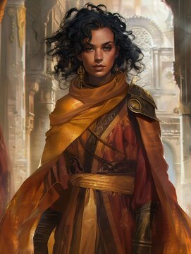 A dark-haired woman stands in a serene, mystical temple setting, adorned in ornate armor and jewelry, her serious expression commanding attention.