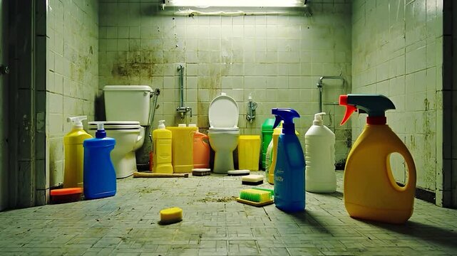 Spray bottles containing cleaning products and plastic detergent containers for household cleaning