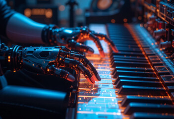 AI Symphony Robotic Hands on a Neon Algorithmic Piano