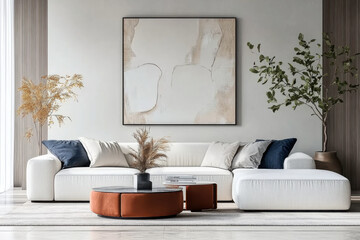 Modular sofa against stucco wall and Minimalist interior design living room