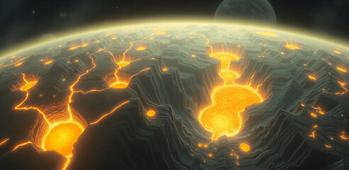 Top-down alien terrain illustration reveals glowing fissures and liquid gold lakes in a high-resolution abstract format.