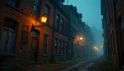 Obraz premium Atmospheric Nighttime City Street with Vintage Streetlights and Brick Buildings