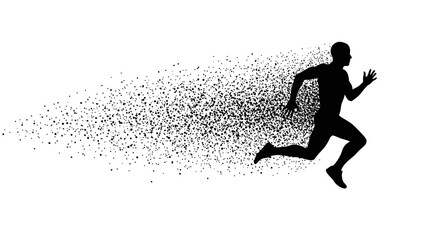 Silhouette of a Running Figure with Disintegrating Particles