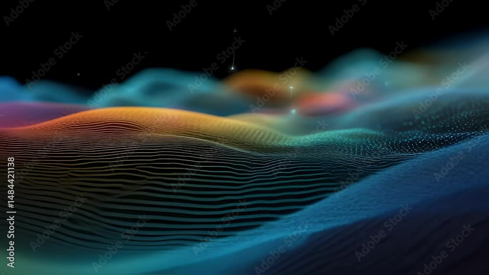 Poster colorful particle waves flowing seamlessly across dark backdrop, generating dynamic visual narrative