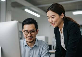 Two asian business people are working together at the office looking at a computer screen
