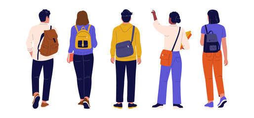 Set Illustration of College Students Back View with Backpacks. Illustrations for websites, landing pages, mobile apps, posters and banners © Hengki