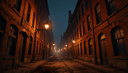 Fototapeta premium Atmospheric Nighttime City Street with Vintage Streetlights and Brick Buildings