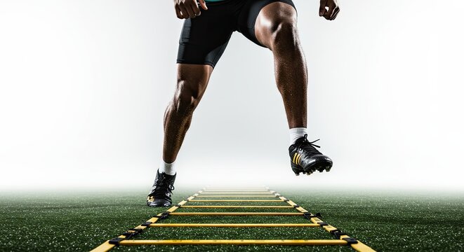 Athlete performing speed and agility training on ladder with determination and focus