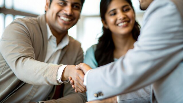 Smiling Indian Couple and Banker Shaking Hands After Home Loan Approval
- Powered by Adobe