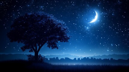 Starry night landscape with tree silhouette