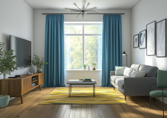 Fototapeta premium Modern Living Room Interior with Grey Sofa, Wooden Floors, Blue Curtains, and LED TV – Stylish Home Decor Featuring Bright Accents and Cozy Furniture Arrangement