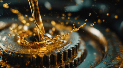 Close-up of golden motor oil splashing inside car engine, highlighting smooth flow across metal gears, concept of lubrication and mechanical protection