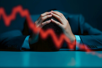 A stressed person holds their head in their hands while a red downward graph line symbolizes financial loss or crisis.