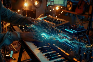 A musician in a cozy home studio with an AI assistant as musical notes and waveforms providing composition feedback. Instruments in background. AIG60