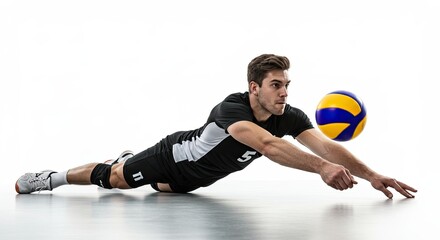 Athletic male volleyball player diving to save the ball during a competitive game