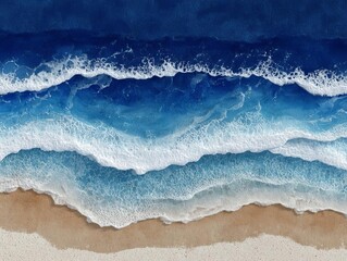 Aerial view of ocean waves crashing on sandy beach shore.