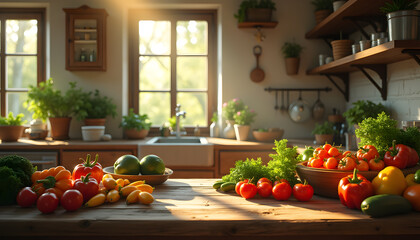image of Fresh Organic Vegetables on Kitchen Table from medium angle shot