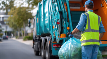 Close-up of municipal worker lifting household trash into garbage collection vehicle, parked along residential road, concept of city waste management