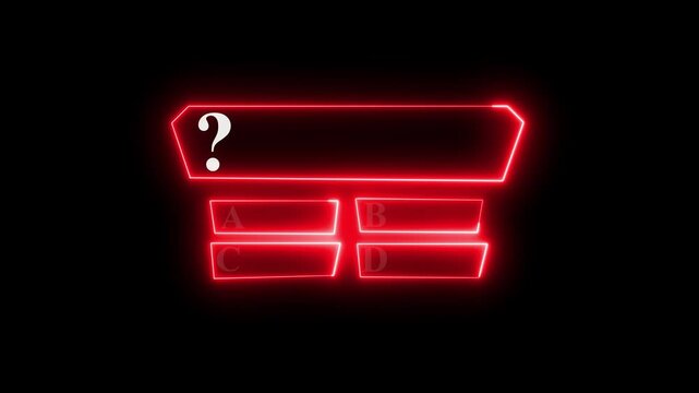 Quiz Neon Line Animation with option selection on black background ,Quiz template challenge with option selection, quiz game animation, Animated quiz question on black background.