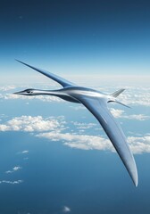 Obraz premium Sleek Silver Aircraft Soaring Above Clouds: Futuristic Design