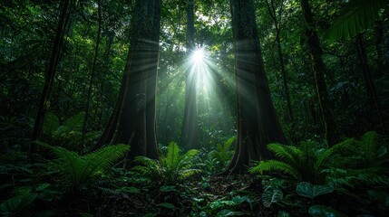 Obraz premium Sunlight filters through dense rainforest canopy
