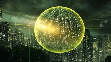 Futuristic cityscape with a glowing digital globe emitting light over urban skyline - Powered by Adobe
