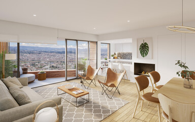 Sala de departamento con balcon y cocina tipo americano, 3d render