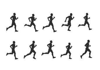 Ten Silhouettes of Running Men in Motion Sequence