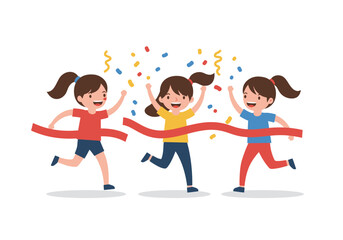Three Happy Children Crossing the Finish Line in a Cheerful Race