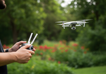 Man controls a drone outdoors with a remote control