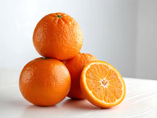 Oranges whitebackground Fresh oranges stacked clean white surface, showcasing their vibrant color and juicy texture, evoke sense of freshness