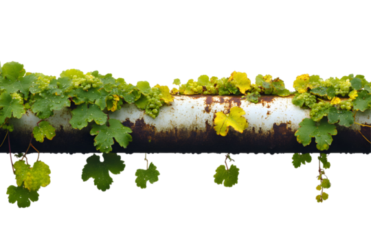 Rustic metal pipe adorned with vibrant grape vines against a stark black background