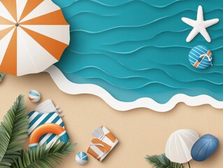 Flat design tropical beach scene with crystal clear water, featu a starfish, umbrella, and palm leaves creating a refreshing summer paradise illustration.