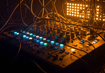 Mixing console close up technology and audio production equipment