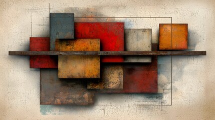 Abstract Composition with Geometric Shapes in Warm Earthy Tones and Textured Background