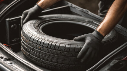 Close-up view of spare tire installation in car trunk, mechanic wearing gloves placing tire securely, auto care and repair detail
