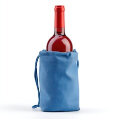 Blue Wine Bag with Red Bottle of Wine Isolated on White Background, Stock Photo