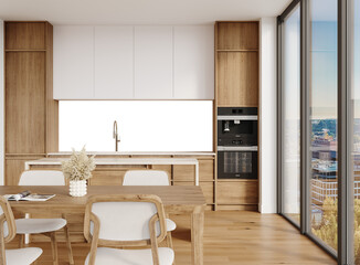 Free PNG wallpaper mockup in Interior Dining Room, Modern Kitchen and Dining Room with City View, 3D rendering
