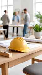 A yellow construction helmet on a desk with blueprints, three people discussing in a bright modern office.