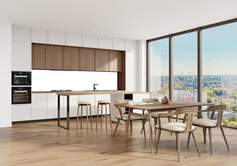 Free PNG wallpaper mockup in Interior Dining Room, Modern kitchen and dining room with natural light and wooden details, 3D rendering	
