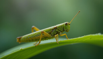 Detailed Macro View of a Green Grasshopper Resting on a Leaf