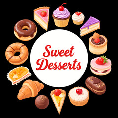 Colorful Desserts Circle Black Background Sweet Treats