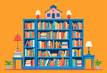 Colorful Bookcase Library with Pink House and Lamps in Orange Room